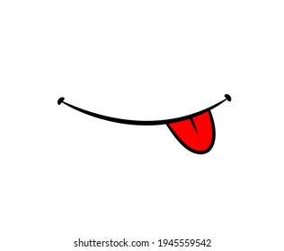 Smile with tongue out, a hand drawn vector doodle of a mouth smile line with red tongue sticking out, isolated on white background.