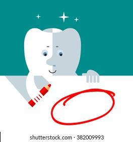 Smile Tooth drawing a red pencil empty frame on a blank sheet. Flat style vector illustration Medical or doctor office symbols. Oral care, dental, dentist office, tooth health, tooth care, clinic. 