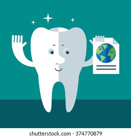 Smile Tooth engaged in a global search. Flat style vector illustration Medical or doctor office symbols. Oral care, dental, dentist office, tooth health, tooth care, clinic. 