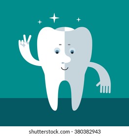 Smile Tooth gesturing victory. Flat style vector illustration Medical or doctor office symbols. Oral care, dental, dentist office, tooth health, tooth care, clinic. 