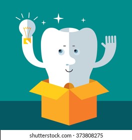Smile Tooth get the idea holding bulb thinking outside the box. Flat style vector illustration Medical or doctor office symbols. Oral care, dental, dentist office, tooth health, tooth care, clinic. 