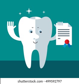 Smile Tooth with graduation diploma. Flat style vector illustration Medical or doctor office symbols. Oral care, dental, dentist office, tooth health, tooth care, clinic. 