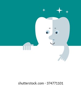 Smile Tooth holding a blank sheet pointing. Flat style vector illustration Medical or doctor office symbols. Oral care, dental, dentist office, tooth health, tooth care, clinic. 