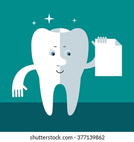 Smile Tooth holding blank sheet of paper. Flat style vector illustration Medical or doctor office symbols. 