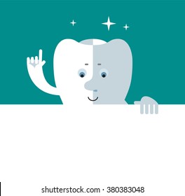 Smile Tooth holding a blank sheet and making attention gesture with forefinger. Flat style vector illustration. Oral care, dental, dentist office, tooth health, tooth care, clinic. 
