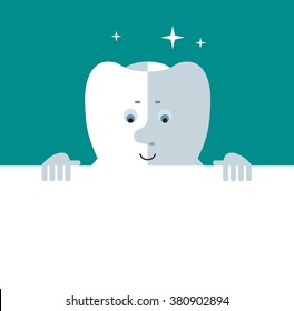 Smile Tooth holding a blank sheet. Flat style vector illustration Medical or doctor office symbols. Oral care, dental, dentist office, tooth health, tooth care, clinic. 