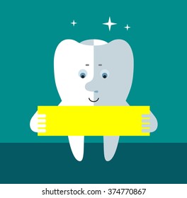Smile Tooth  holding a blank sign. Flat style vector illustration Medical or doctor office symbols. Oral care, dental, dentist office, tooth health, tooth care, clinic. 