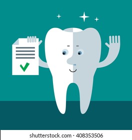 Smile Tooth  holding check list. Flat style vector illustration Medical or doctor office symbols. Oral care, dental, dentist office, tooth health, tooth care, clinic. 