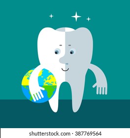 Smile Tooth holding a globe. Flat style vector illustration Medical or doctor office symbols. Oral care, dental, dentist office, tooth health, tooth care, clinic. 