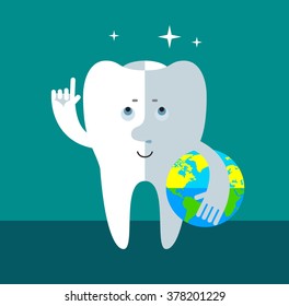 Smile Tooth holding a globe and making attention gesture with forefinger . Flat vector illustration Medical or doctor office symbols Oral care, dental, dentist office, tooth health, tooth care, clinic