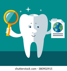 Smile Tooth with magnifier glass and earth icon. Global search. Flat style vector illustration Medical or doctor office symbols. Oral care, dental, dentist office, tooth health, tooth care, clinic. 