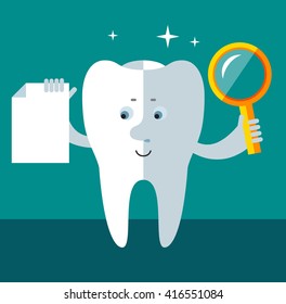 Smile Tooth with magnifier glass holding blank sheet of paper searching. Flat style vector illustration Medical or doctor office symbols. Oral care, dental, dentist office, tooth health, tooth care