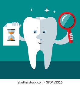 Smile Tooth with magnifier glass and preloader icon. Searching. Flat style vector illustration Medical or doctor office symbols. Oral care, dental, dentist office, tooth health, tooth care, clinic. 