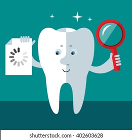 Smile Tooth with magnifier glass and preloader icon. Searching. Flat style vector illustration Medical or doctor office symbols. Oral care, dental, dentist office, tooth health, tooth care, clinic. 