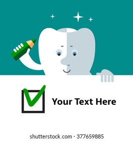 Smile Tooth making green check mark in check box. Voting. Right Choice. Flat vector illustration Medical or doctor office symbols. Oral care, dental, dentist office, tooth health, tooth care, clinic. 