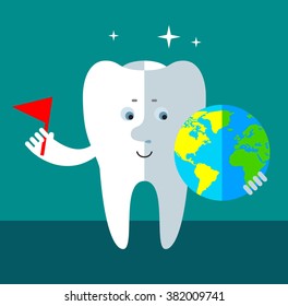 Smile Tooth putting flag mark the globe. Flat style vector illustration Medical or doctor office symbols. Oral care, dental, dentist office, tooth health, tooth care, clinic. 