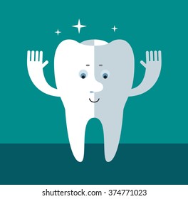 Smile Tooth raising his hands. Flat style vector illustration Medical or doctor office symbols. Oral care, dental, dentist office, tooth health, tooth care, clinic. 