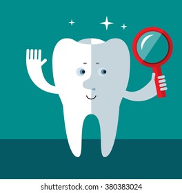 Smile Tooth  Seeing Through Magnifying Glass. Flat style vector illustration Medical or doctor office symbols. Oral care, dental, dentist office, tooth health, tooth care, clinic. 