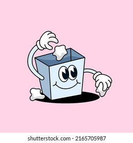 Smile trash can mascot picking up paper wad trash old school retro style cartoon vector illustration