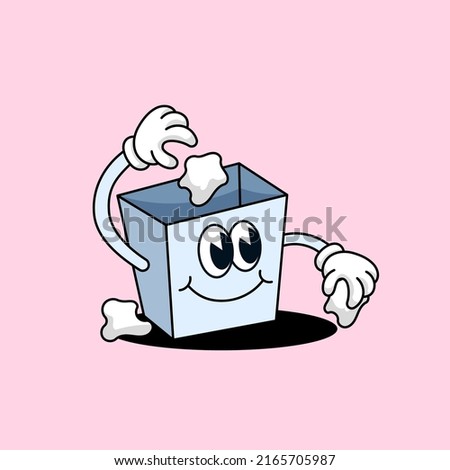 Smile trash can mascot picking up paper wad trash old school retro style cartoon vector illustration