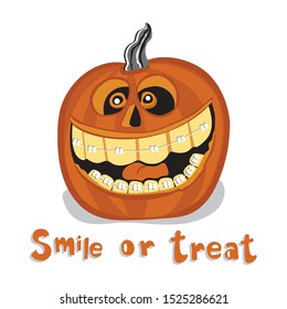 Smile or treat. Halloween. Smiling pumpkin with braces on teeth. Vector illustration.