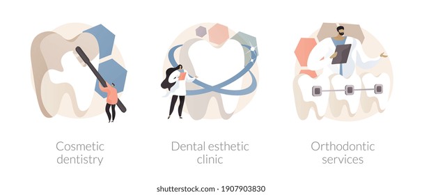 Smile treatment abstract concept vector illustration set. Cosmetic dentistry, dental esthetic clinic, orthodontic services, teeth whitening, braces and brackets, medical center abstract metaphor.