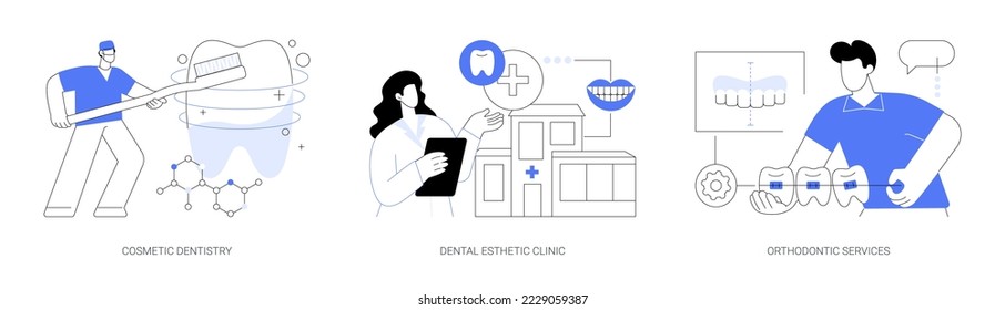 Smile treatment abstract concept vector illustration set. Cosmetic dentistry, dental esthetic clinic, orthodontic services, teeth whitening, braces and brackets, medical center abstract metaphor.