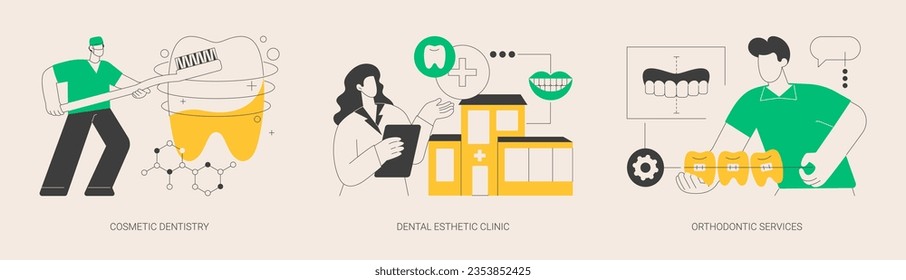 Smile treatment abstract concept vector illustration set. Cosmetic dentistry, dental esthetic clinic, orthodontic services, teeth whitening, braces and brackets, medical center abstract metaphor.