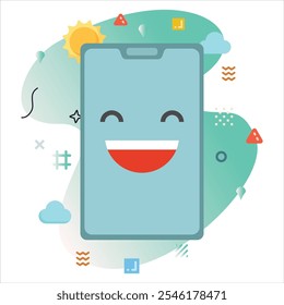 Sorria Triunfante Emoji Expressão na tela do smartphone - Ilustração digital alegre com fundo branco e formas abstratas | Smile Triumphant emoji ícone design na tela do smartphone