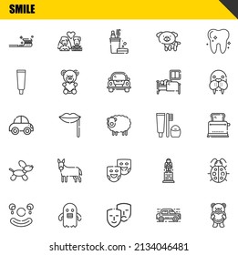 smile vector line icons set. tooth brush, clown and car Icons. Thin line design. Modern outline graphic elements, simple stroke symbols stock illustration