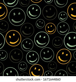 Smile vector pattern on dark background. Texture doodle art. Isolated line simple illustration. For print, icon, logo, poster, symbol, design, decor, textile, paper, card, invitation, holiday. Eps10.