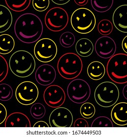 Smile vector pattern on dark background.  Vector Background Texture. For print, icon, logo, poster, symbol, design, decor, textile, paper, card, invitation, holiday. Eps10.