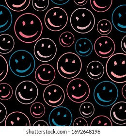 Patrón vectorial de sonrisa en fondo oscuro.  Textura de fondo vectorial. Para impresión, icono, logotipo, afiche, símbolo, diseño, decoración, textil, papel, tarjeta, invitación, vacaciones. Eps10.