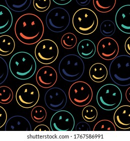 Smile vector pattern on dark background.  Vector Background Texture. Cute seamless pattern with emoji and abstract geometric shapes in memphis style. Eps10.
