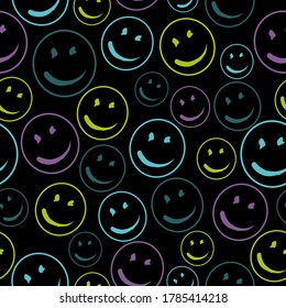 Smile vector pattern on dark background. Texture doodle art. Isolated line simple illustration. For print, icon, logo, poster, symbol, design, decor, textile, paper, card, invitation, holiday. Eps10.