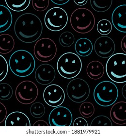 Smile vector pattern on dark background.  Vector Background Texture. For print, icon, logo, poster, symbol, design, decor, textile, paper, card, invitation, holiday. Eps10.