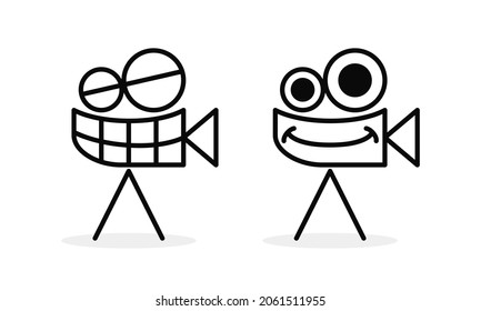 icono de la cámara de vídeo de sonrisa. línea, simple, carácter y logotipo emoticono. logotipo, icono, símbolo y signo adecuados