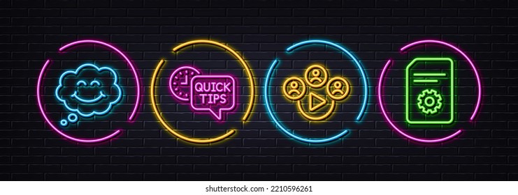 Sonrisa, videoconferencia y consejos rápidos iconos de línea mínimos. Luces 3d láser neón. Iconos de configuración de archivos. Para web, aplicación, impresión. Chat cómico, negocios remotos, trucos útiles. Vector