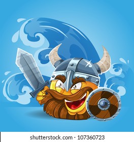 Smile Viking in helmet with sword and shield