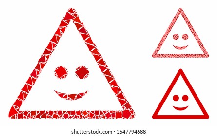Smile warning mosaic of joggly elements in various sizes and shades, based on smile warning icon. Vector bumpy elements are combined into mosaic. 
