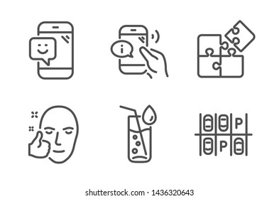 Smile, Water glass and Call center icons simple set. Puzzle, Healthy face and Parking place signs. Phone feedback, Soda drink. Line smile icon. Editable stroke. Vector