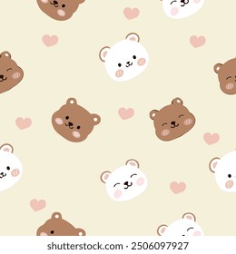 Smile white bear and smile brown bear,Pink cheeks, happy pink heart bear.Seamless pattern. Vector illustrator. 