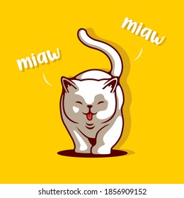 Smile White Cat Kitten Walking With Tongue Out Vector Illustration - Vector