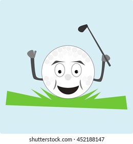 Smile white golf ball with golf club is happy to play golf on green lawn with his grey golf club. Vector illustration.