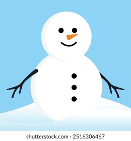 Smile White Snow Man with Twig Hand Down on Blue Background