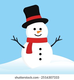 Smile White Snow Man with Twig Hand Up Wearing Black Red Hat and Red Scarf Winter on Blue Background