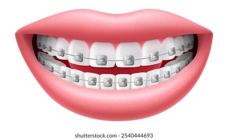 Sorria com dentes brancos e aparelho isolado no fundo branco. Dentes dentários. Ilustração realista do vetor 3D