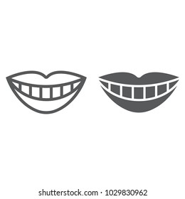 Smile with white tooth line and glyph icon, stomatology and dental, lips sign vector graphics, a linear pattern on a white background, eps 10.