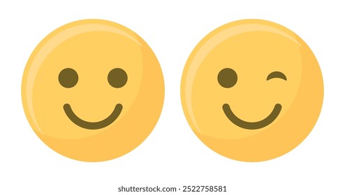 Lächeln, Augenzwinkern oder Augenblinzeln Gesicht Emoji in gelber und schwarzer Farbe gesetzt. Winking Face. Augenzwinkerndes Emoji, lustiges gelbes Emoticon mit Lächeln. Lächeln Symbol Vektor.