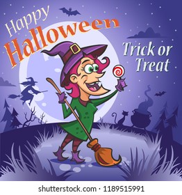 Smile witch in hat with lolly candy and broomstick. Happy Halloween. Vector illustration, banner, poster. Dark scary night background with moon, bats, cat, cauldron, wood and flying witch silhouette.